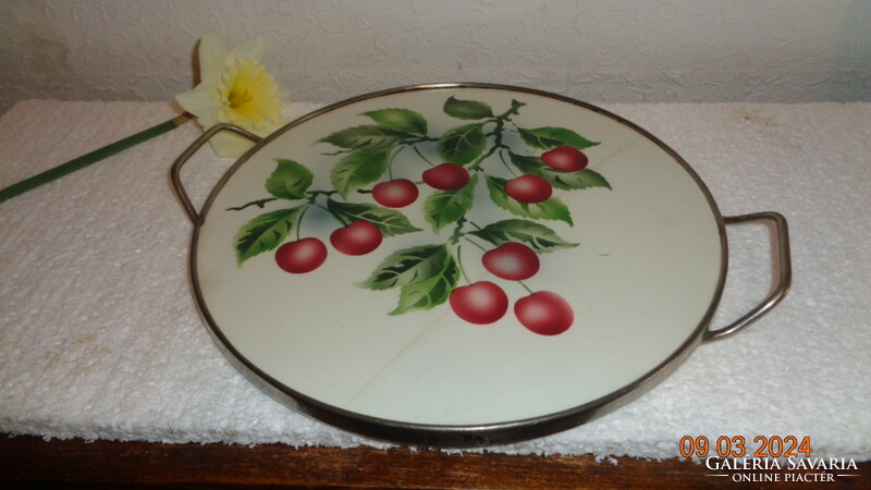 Made at the turn of the century, decorated Austrian cherry centerpiece, in a metal frame