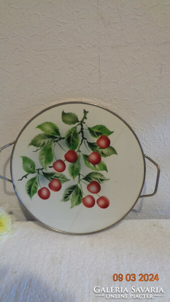 Made at the turn of the century, decorated Austrian cherry centerpiece, in a metal frame