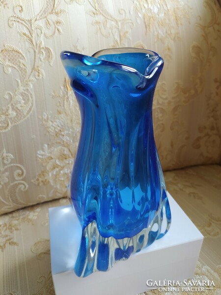 Asymmetric blue glass decorative vase, flawless, 24 cm