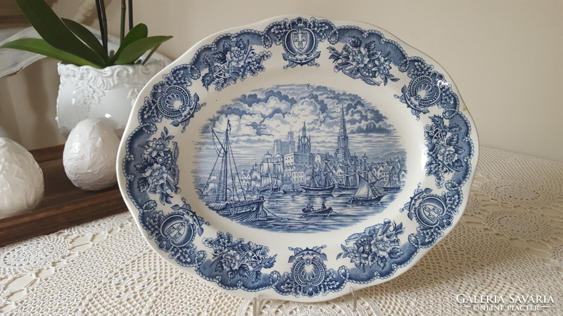 Beautiful English porcelain oval serving bowl with a sailing scene