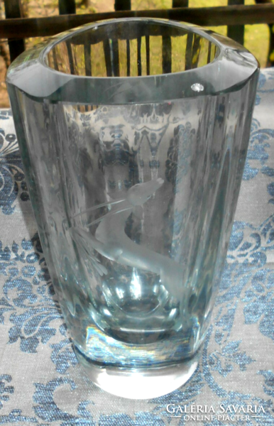 Thick, heavy Czech glass vase with jumping polished gazelle figure