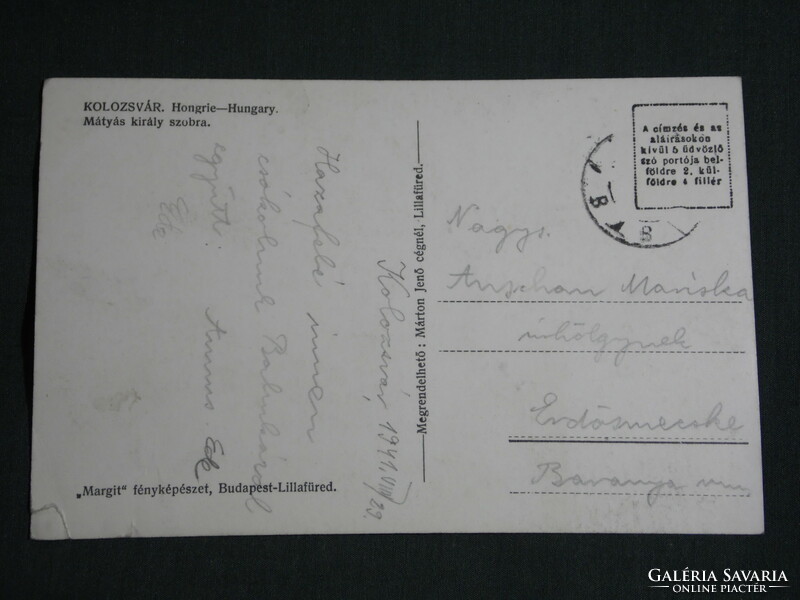 Képeslap,Postcard, Kolozsvár (Erdély), Mátyás király szobor,1940