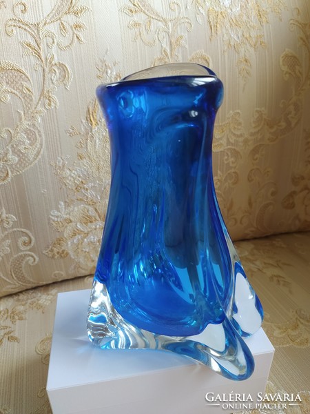 Asymmetric blue glass decorative vase, flawless, 24 cm