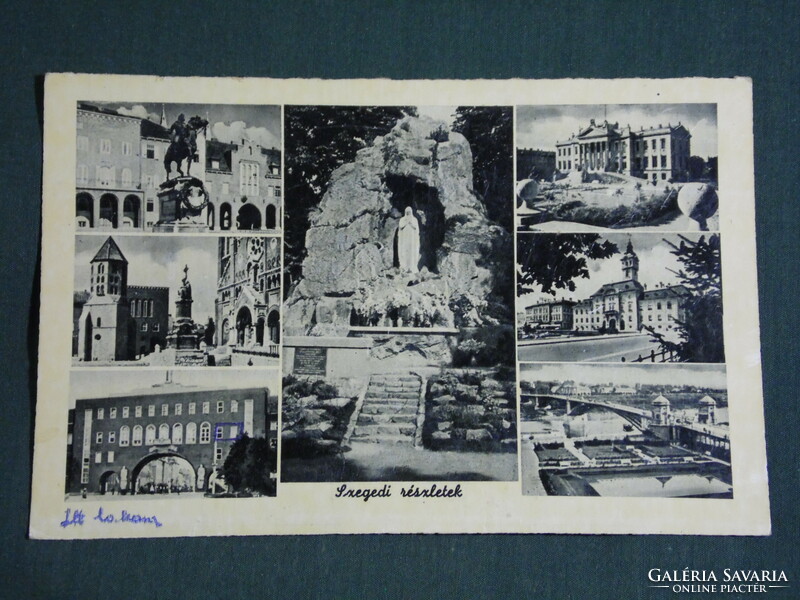 Képeslap,Postcard, Szeged, mozaik részletek,városháza,templom,emlékmű,szobor,1952