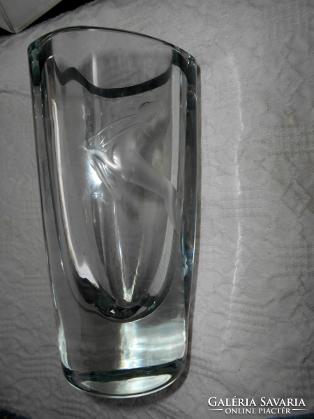 Thick, heavy Czech glass vase with jumping polished gazelle figure