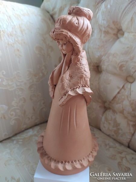 Fábián zoja.: Little girl with a shawl, terracotta statue, flawless, marked, 24 cm