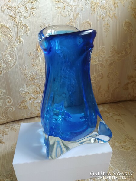 Asymmetric blue glass decorative vase, flawless, 24 cm