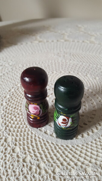 Hand-painted, small wooden salt and pepper shaker