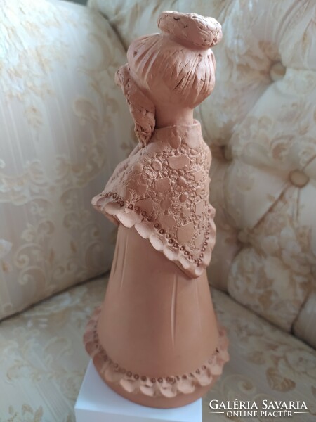 Fábián zoja.: Little girl with a shawl, terracotta statue, flawless, marked, 24 cm