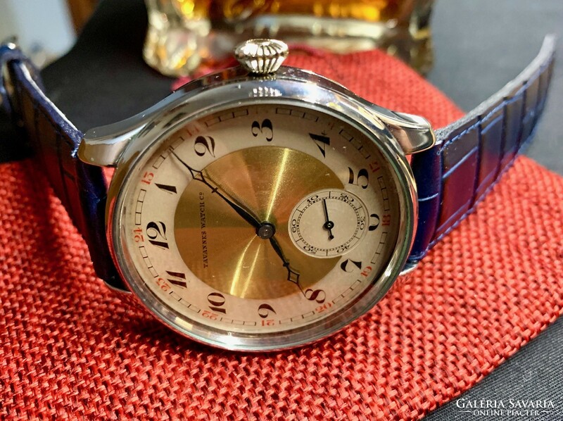 New Swiss bicolor Tavannes pocket watch built-in wristwatch with glass back from the 1930s
