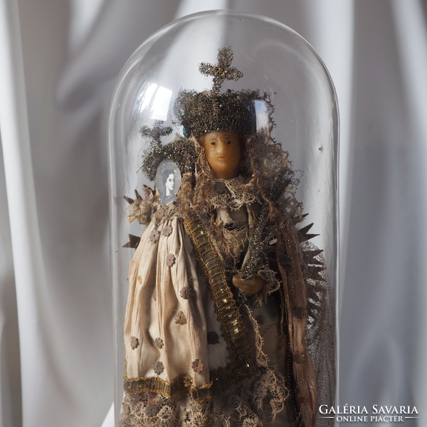 Mária szobor ezüst viasz Szent Kép kegytárgy gyermek Jézus keresztény üveg vallási templomi művészet
