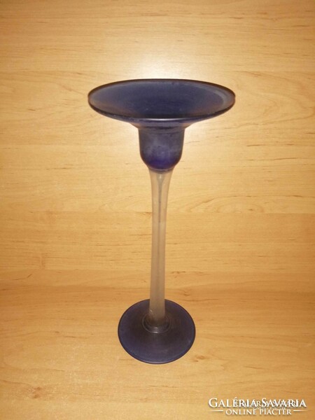 Kék üveg talpas gyertyatartó - 27 cm magas (fp)