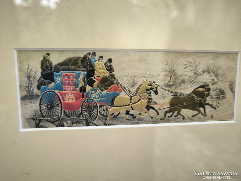 Stevengraph runaway English picture horse-drawn mail coach. Gobelin type