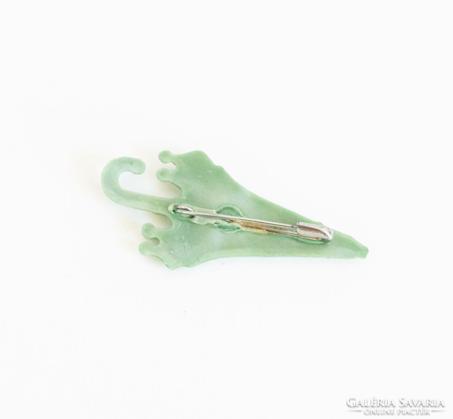 Green umbrella brooch - retro vinyl/plastic jewelry - lapel pin, badge