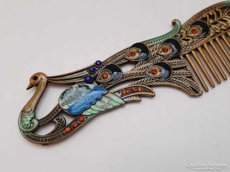 Peacock pattern comb with fire enamel and rhinestone decoration, 19.3 cm