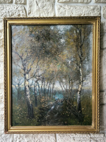 Antique beautiful figurative landscape painting forest detail good quality marked. Vienna Munich