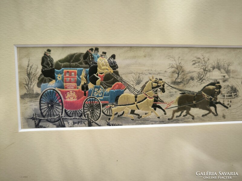 Stevengraph runaway English picture horse-drawn mail coach. Gobelin type