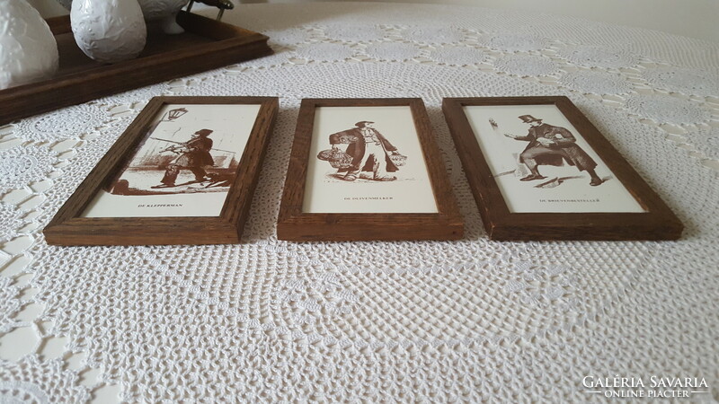 3 Old tile pictures in a wooden frame