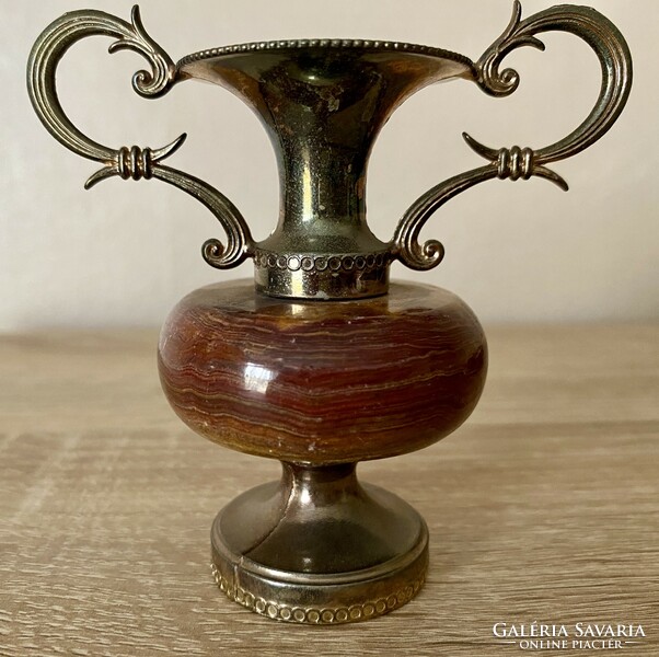 A small vase with a chiseled handle and a brown marble belly, an extra rare special mineral stone vase