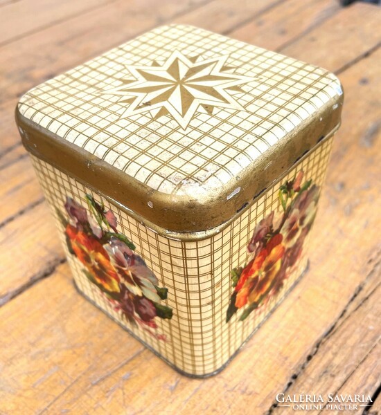 Old rosy French coffee metal, tin box antique