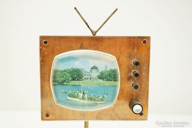Mid century plywood TV sculpture / retro old table decoration / landscape picture / 22 cm high