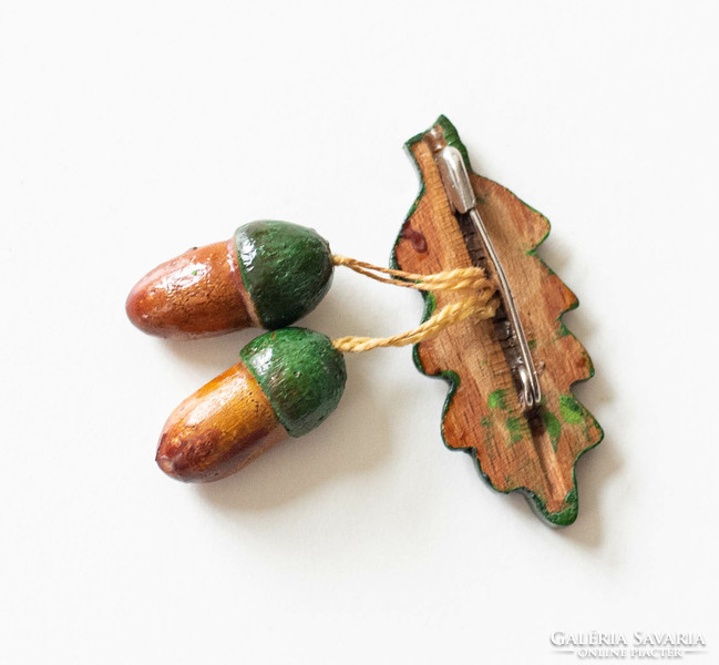 Retro wooden brooch - oak leaf with acorns - folk art brooch, badge