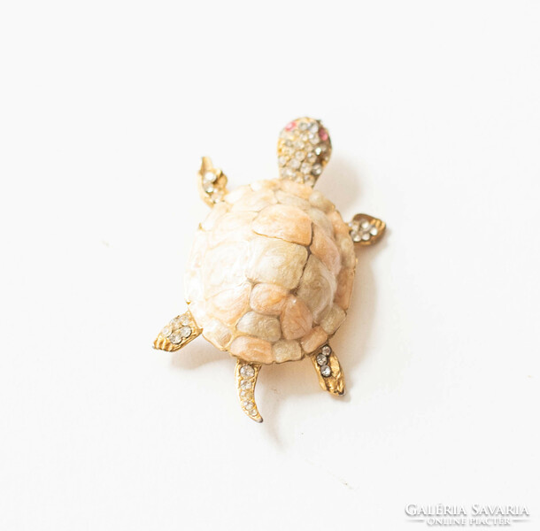 Teknősbéka formájú bross - vintage melltű, kitűző strasszkővel - teknős