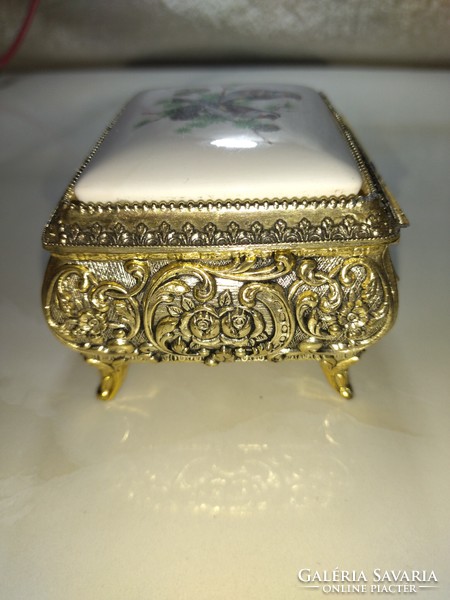Beautiful old heavy copper and porcelain musical jewelry box