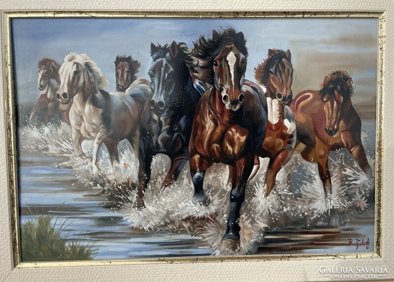 Tulok Ferenc festmény . Ló , lovas , ménes , vágta
