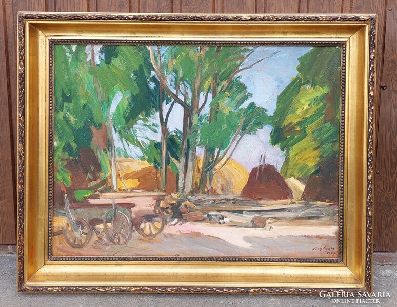 Nagy Gyula: yard with cart (60 x 80 cm)