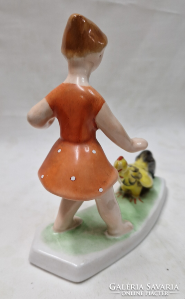 Bodrogkeresztúr little girl with a rooster ceramic figurine in perfect condition 17 cm.