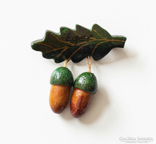 Retro wooden brooch - oak leaf with acorns - folk art brooch, badge