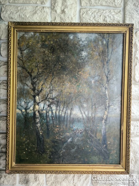 Antique beautiful figurative landscape painting forest detail good quality marked. Vienna Munich