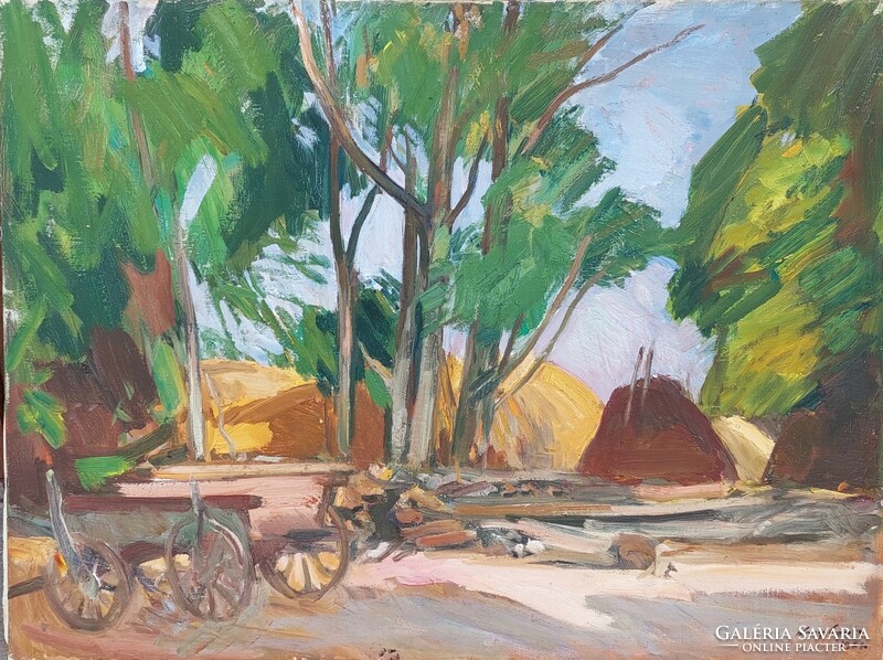 Nagy Gyula: yard with cart (60 x 80 cm)