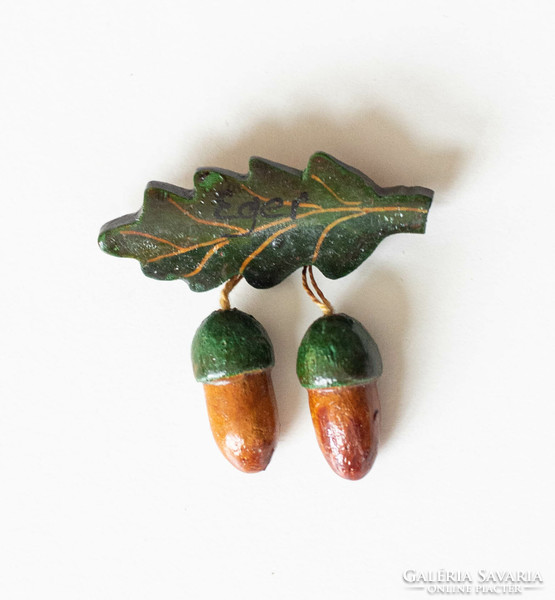 Retro wooden brooch - oak leaf with acorns - folk art brooch, badge