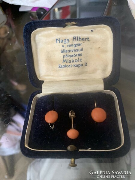 Antique gold and silver coral stone earrings 3 pcs