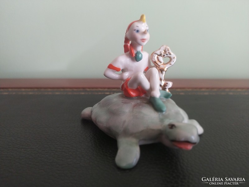 Buratino- old Soviet porcelain pinoccio on turtle with golden key, marked, 10 x 8 cm
