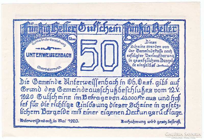 Austrian emergency money 50 heller 1920