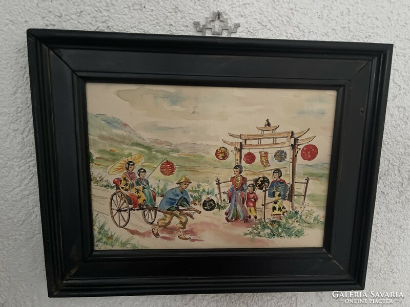 Oriental life portrait watercolor painting in a wooden frame.