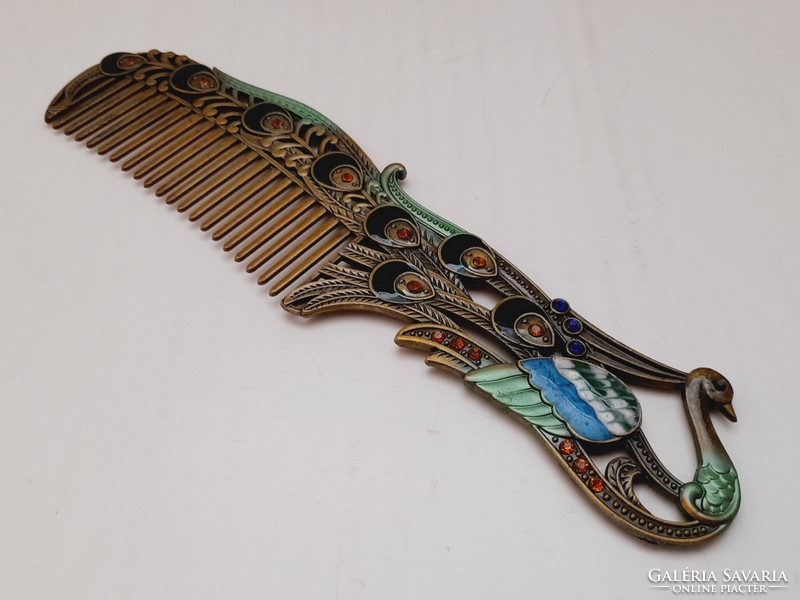 Peacock pattern comb with fire enamel and rhinestone decoration, 19.3 cm
