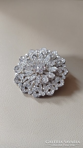 Old large, silver colored strass stone brooch, antique pin