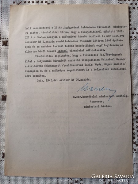 1943. Kir.honvédelmi min.oszt.tanácsos levele, lőtér létesítésével kapcsolatbann