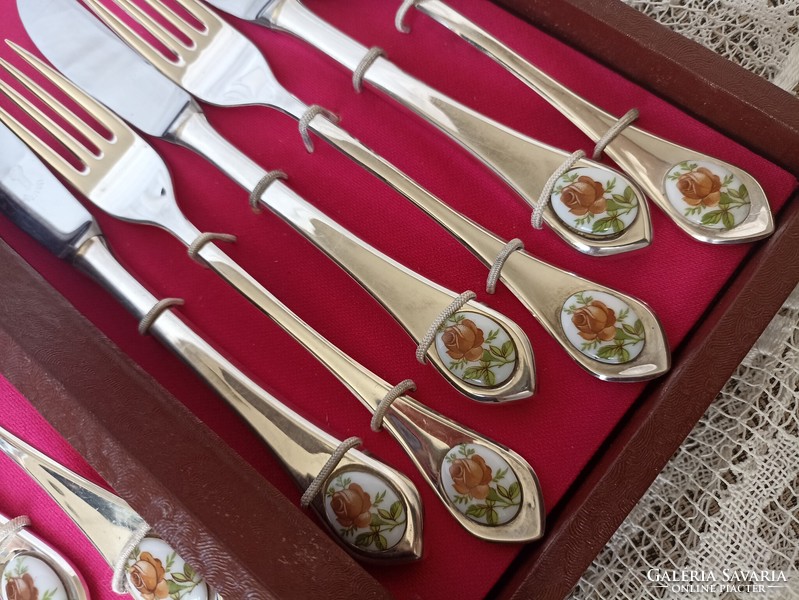 Porcelain rose insert, silver-plated cutlery set (12 pieces)