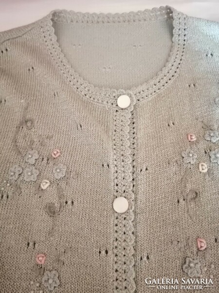 48-A knitted, women's cardigan, sweater, coat, solidly woven with thin shiny thread