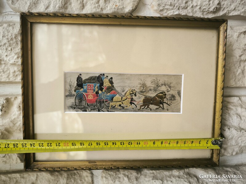 Stevengraph runaway English picture horse-drawn mail coach. Gobelin type