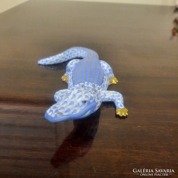 Herendi kék pikkely mintás, pikkelyes aligátor porcelán figura