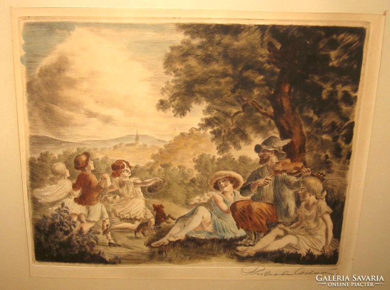 István Csodás Rimaša / 1891-1956 / : picnic colored etching