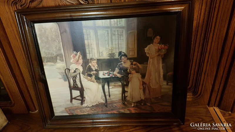 XIX. Century scene, table party, painting reproduction, in a massive new wooden frame