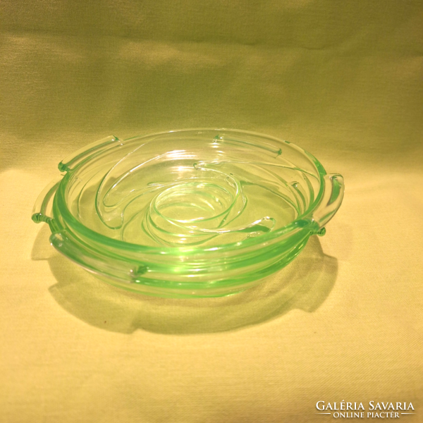 Green glass bowl, small plate with handle (3 pieces)