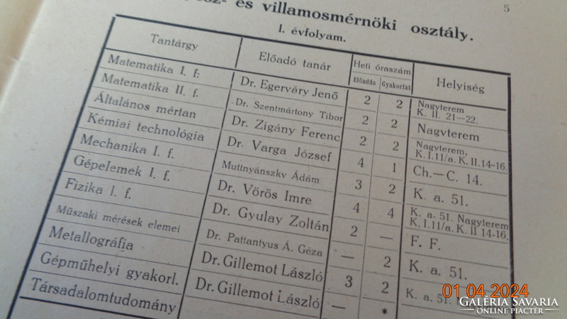 József Palatine University of Technology, timetable 1948 - 1949